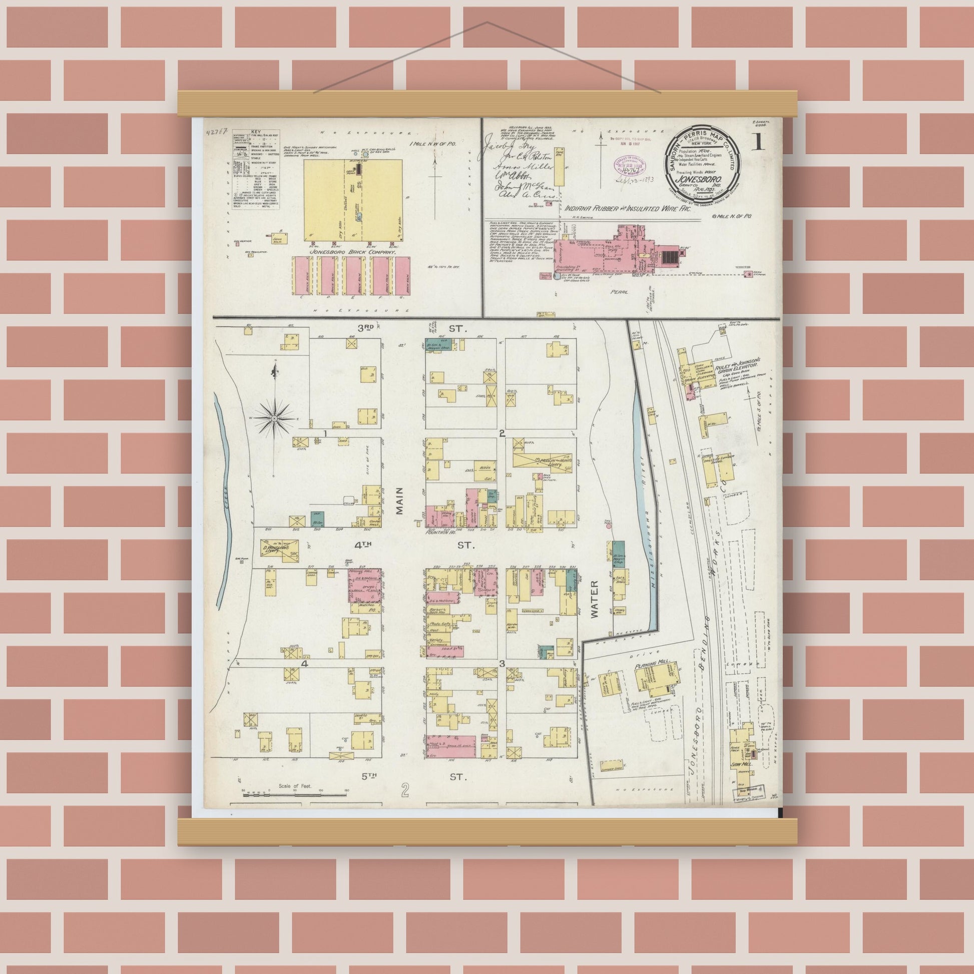 Old map wall art mockup — magnetic wood frame on brick wall — Sanborn Fire Insurance Map from Jonesboro, Grant County, Indiana (1893) - Complete Map Set