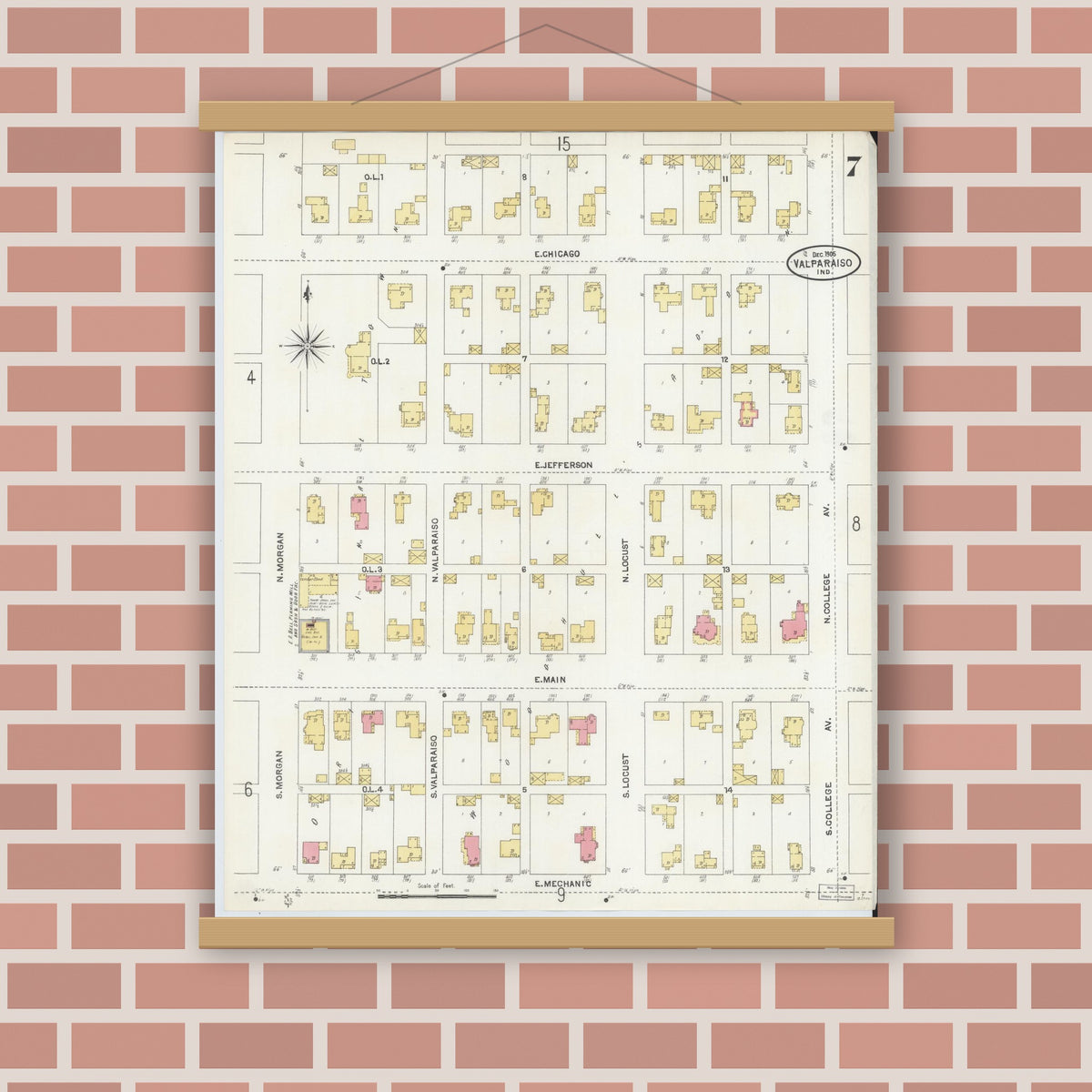 Old map wall art mockup — magnetic wood frame on brick wall — Sanborn Fire Insurance Map from Valparaiso, Porter County, Indiana (1905), Sheet #0007