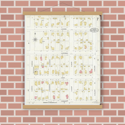 Old map wall art mockup — magnetic wood frame on brick wall — Sanborn Fire Insurance Map from Valparaiso, Porter County, Indiana (1905), Sheet #0007