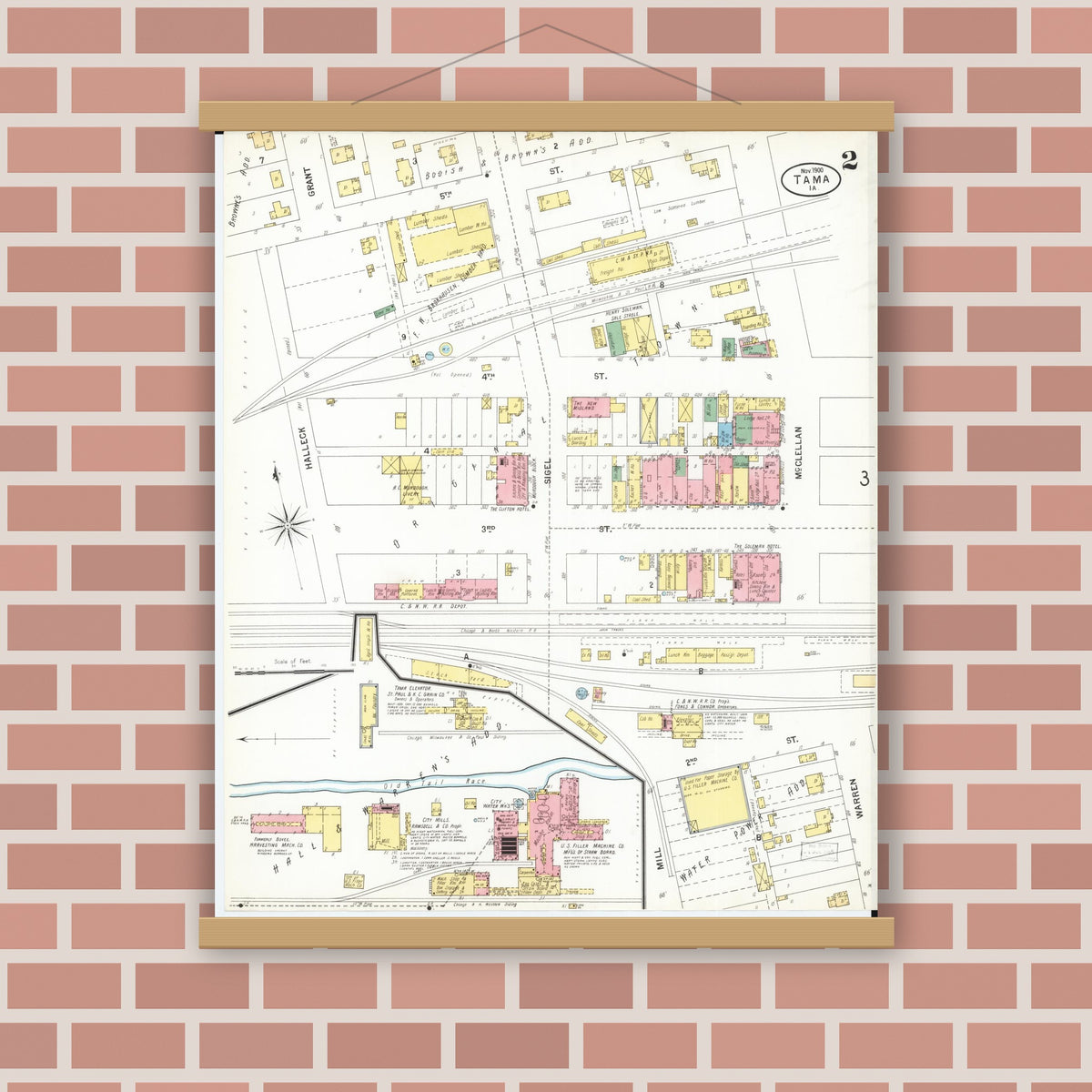 Old map wall art mockup — magnetic wood frame on brick wall — Sanborn Fire Insurance Map from Tama, Tama County, Iowa (1900), Sheet #0002