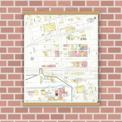 Old map wall art mockup — magnetic wood frame on brick wall — Sanborn Fire Insurance Map from Tama, Tama County, Iowa (1900), Sheet #0002