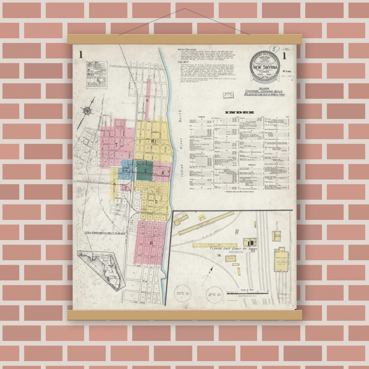 Old map wall art mockup — magnetic wood frame on brick wall — Sanborn Fire Insurance Map from New Smyrna, Valusia County, Florida (1924), Sheet #0001