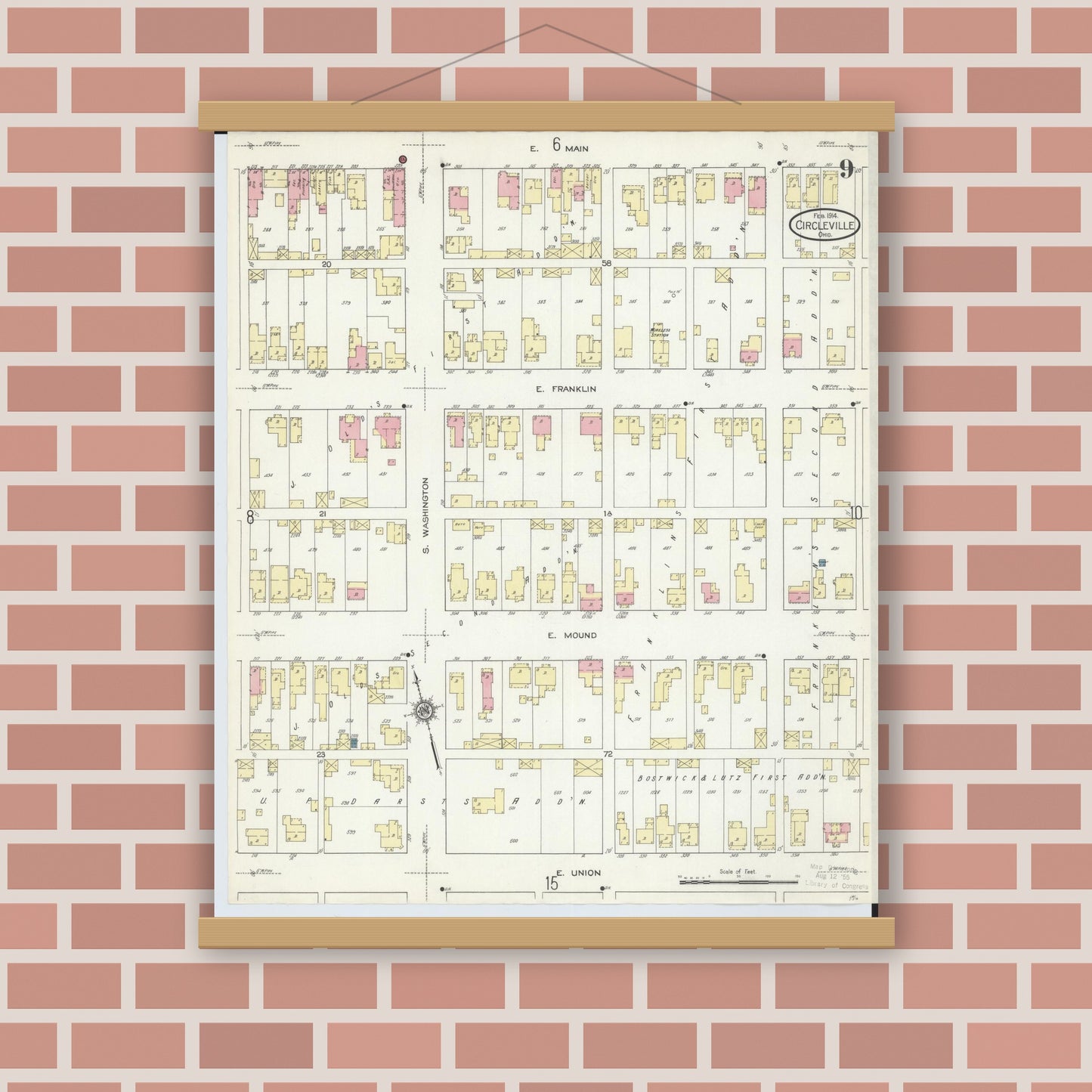 Old map wall art mockup — magnetic wood frame on brick wall — Sanborn Fire Insurance Map from Circleville, Pickaway County, Ohio (1914), Sheet #0009