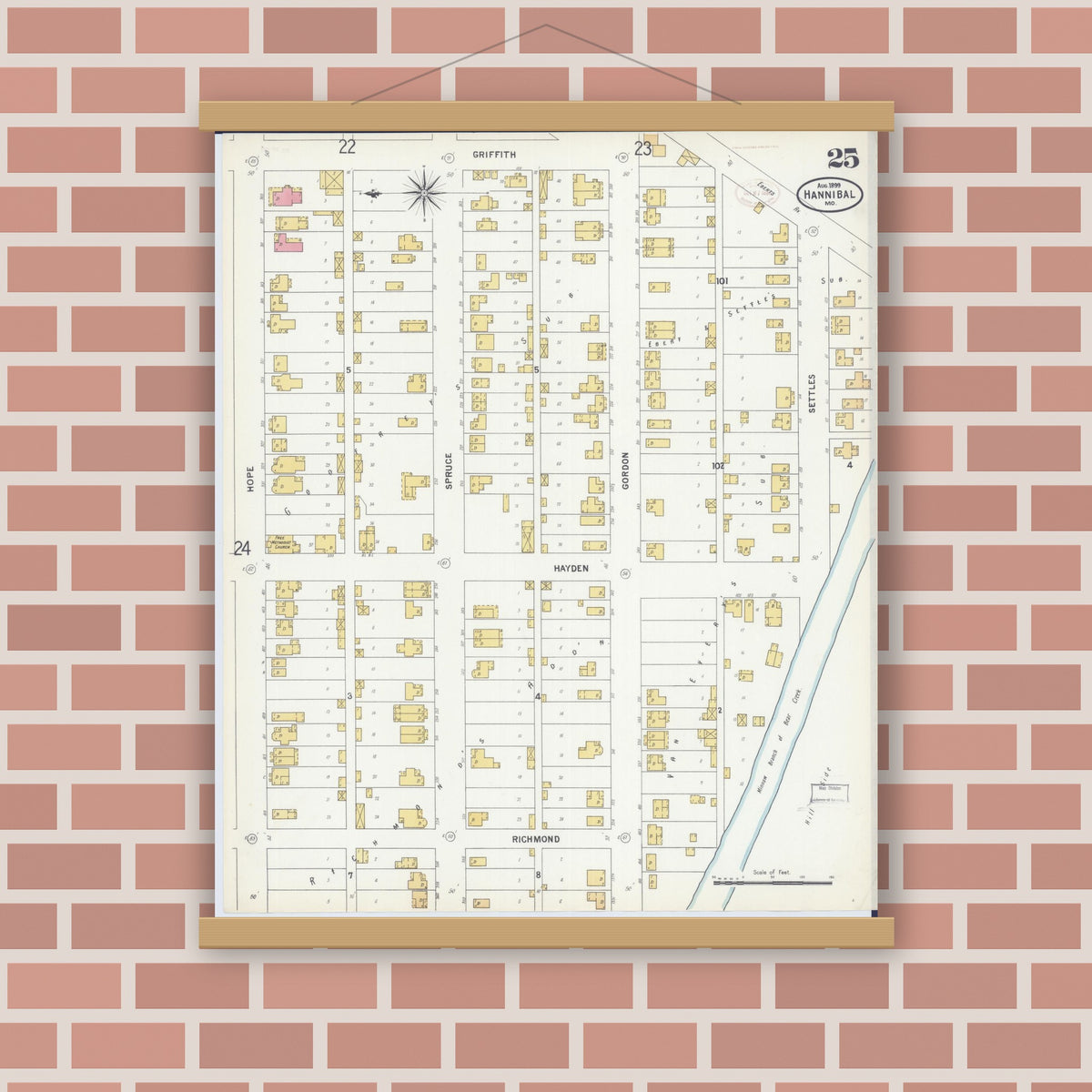 Old map wall art mockup — magnetic wood frame on brick wall — Sanborn Fire Insurance Map from Hannibal, Marion County, Missouri (1899), Sheet #0025