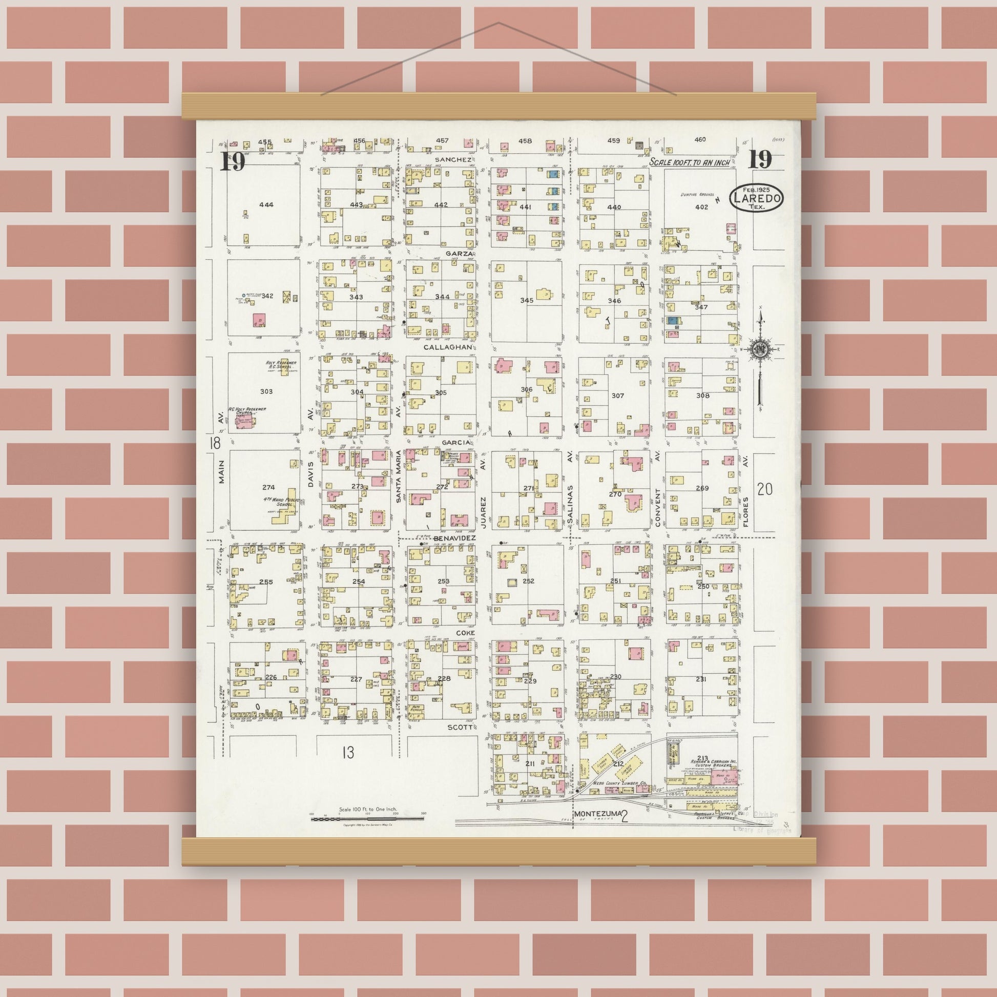 Old map wall art mockup — magnetic wood frame on brick wall — Sanborn Fire Insurance Map from Laredo, Webb County, Texas (1925), Sheet #0019