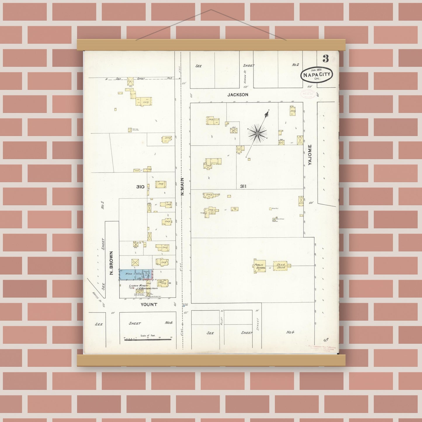 Old map wall art mockup — magnetic wood frame on brick wall — Sanborn Fire Insurance Map from Napa, Napa County, California (1891), Sheet #0003