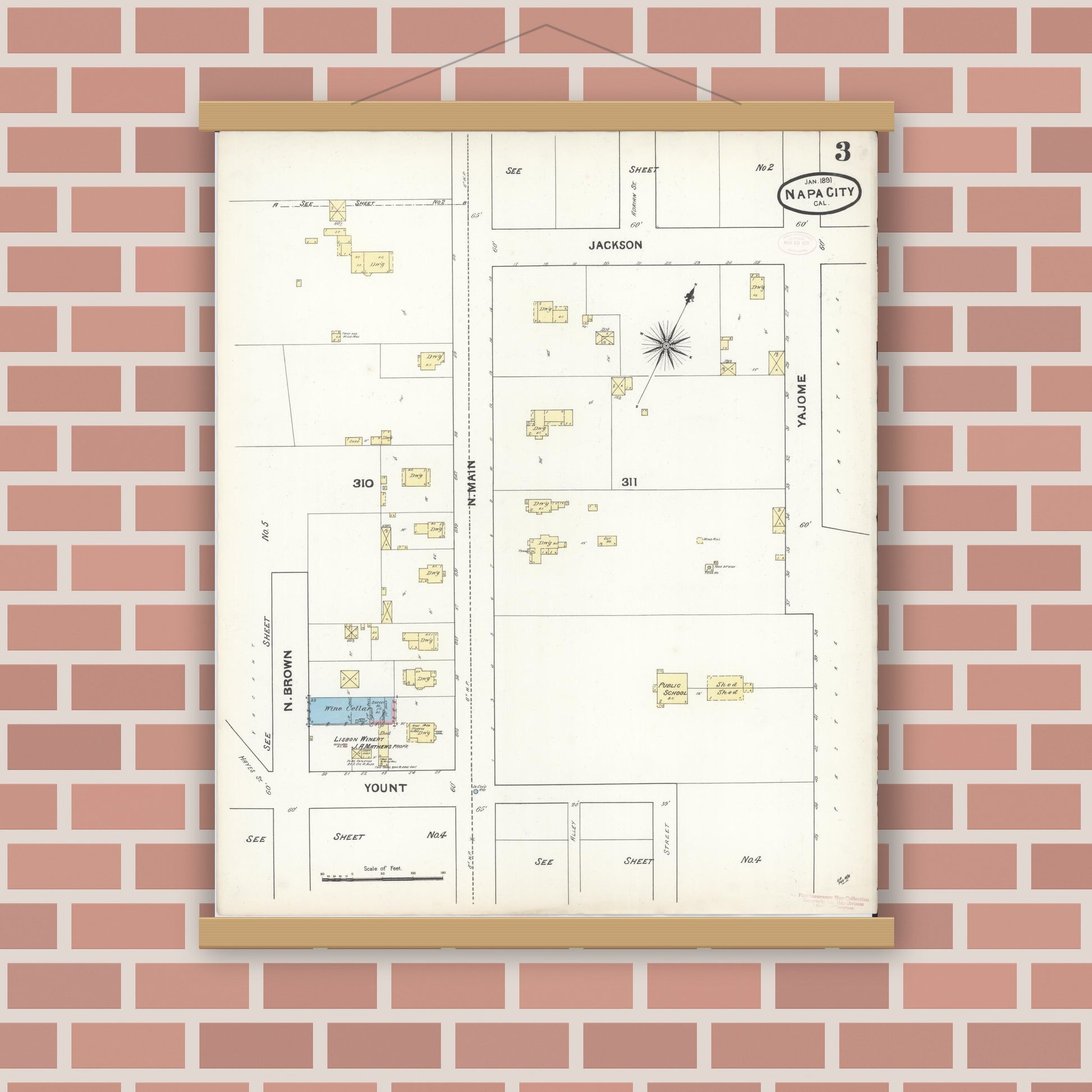 Old map wall art mockup — magnetic wood frame on brick wall — Sanborn Fire Insurance Map from Napa, Napa County, California (1891), Sheet #0003