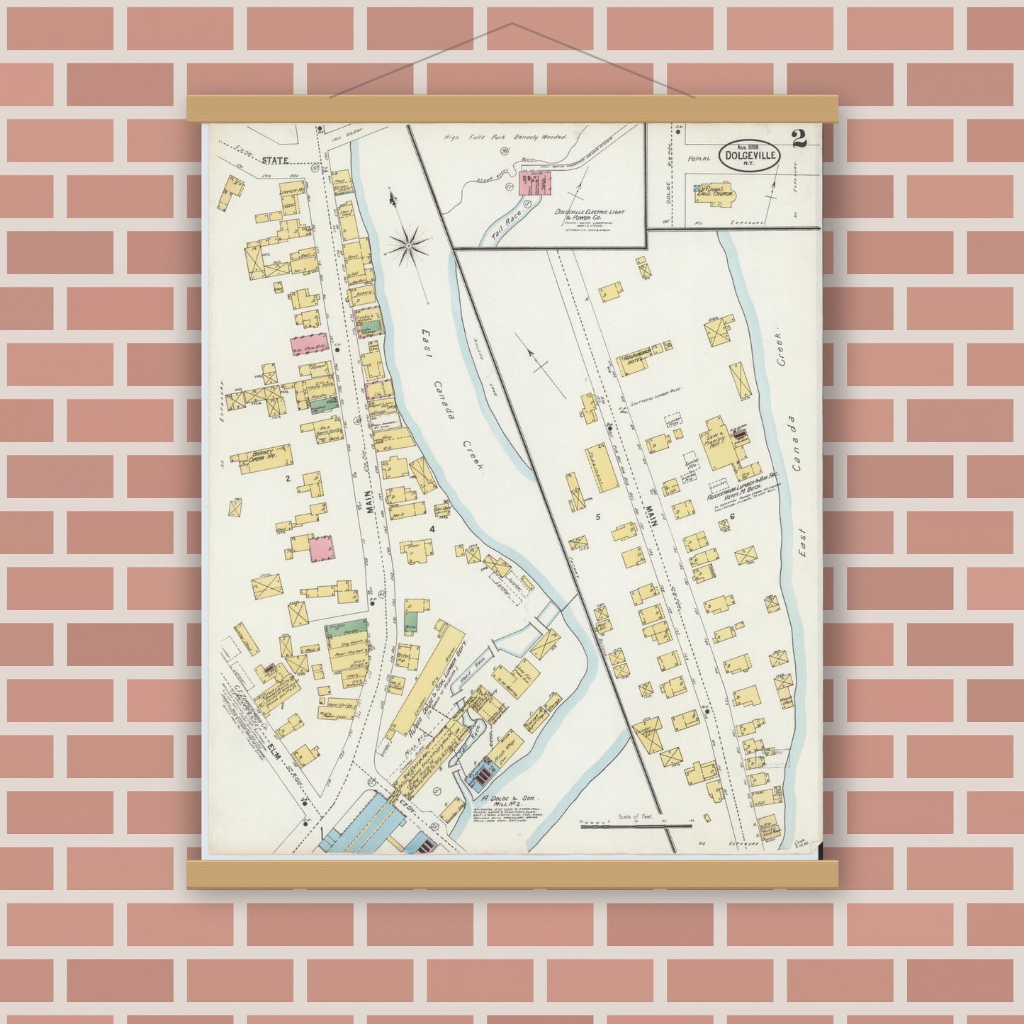 Old map wall art mockup — magnetic wood frame on brick wall — Sanborn Fire Insurance Map from Dolgeville, Hirkimer County, New York (1898), Sheet #0002