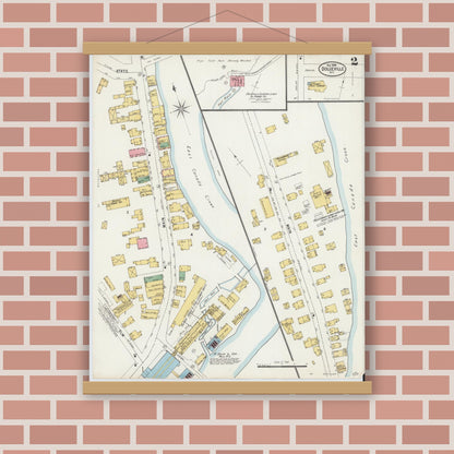 Old map wall art mockup — magnetic wood frame on brick wall — Sanborn Fire Insurance Map from Dolgeville, Hirkimer County, New York (1898), Sheet #0002