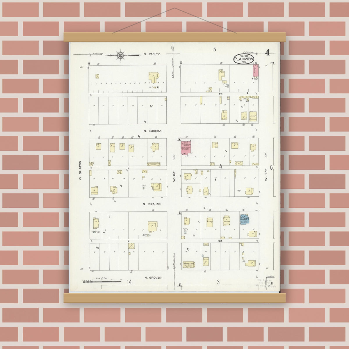 Old map wall art mockup — magnetic wood frame on brick wall — Sanborn Fire Insurance Map from Plainview, Hale County, Texas (1914), Sheet #0004