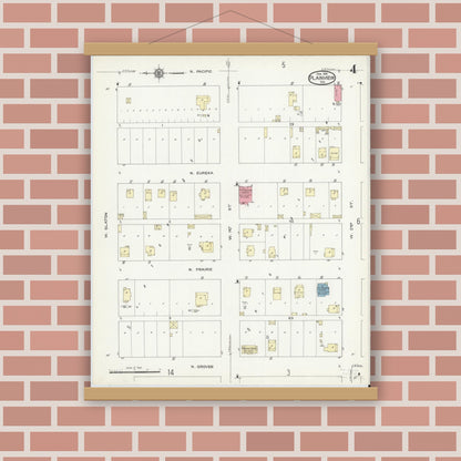 Old map wall art mockup — magnetic wood frame on brick wall — Sanborn Fire Insurance Map from Plainview, Hale County, Texas (1914), Sheet #0004