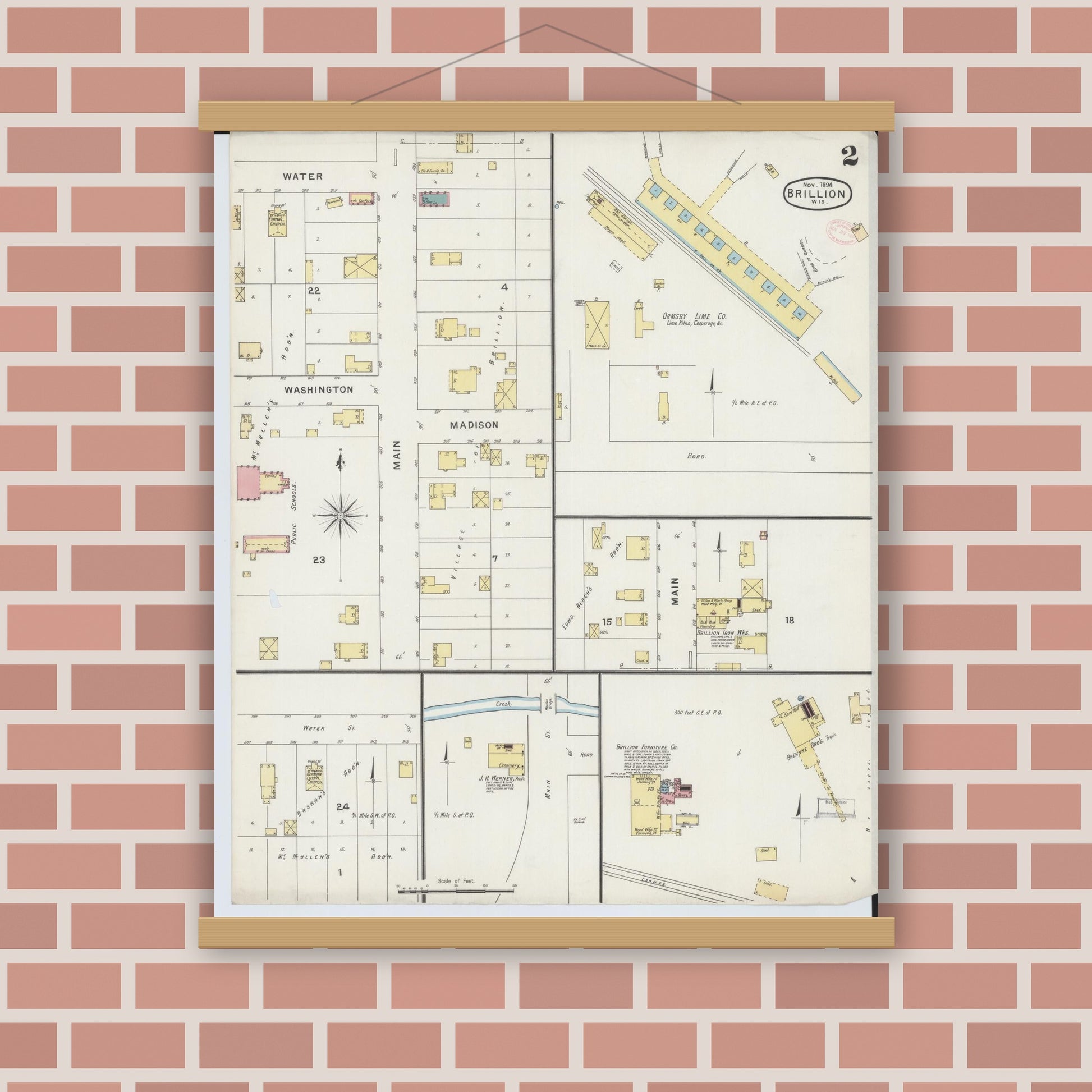Old map wall art mockup — magnetic wood frame on brick wall — Sanborn Fire Insurance Map from Brillion, Calumet County, Wisconsin (1894), Sheet #0002