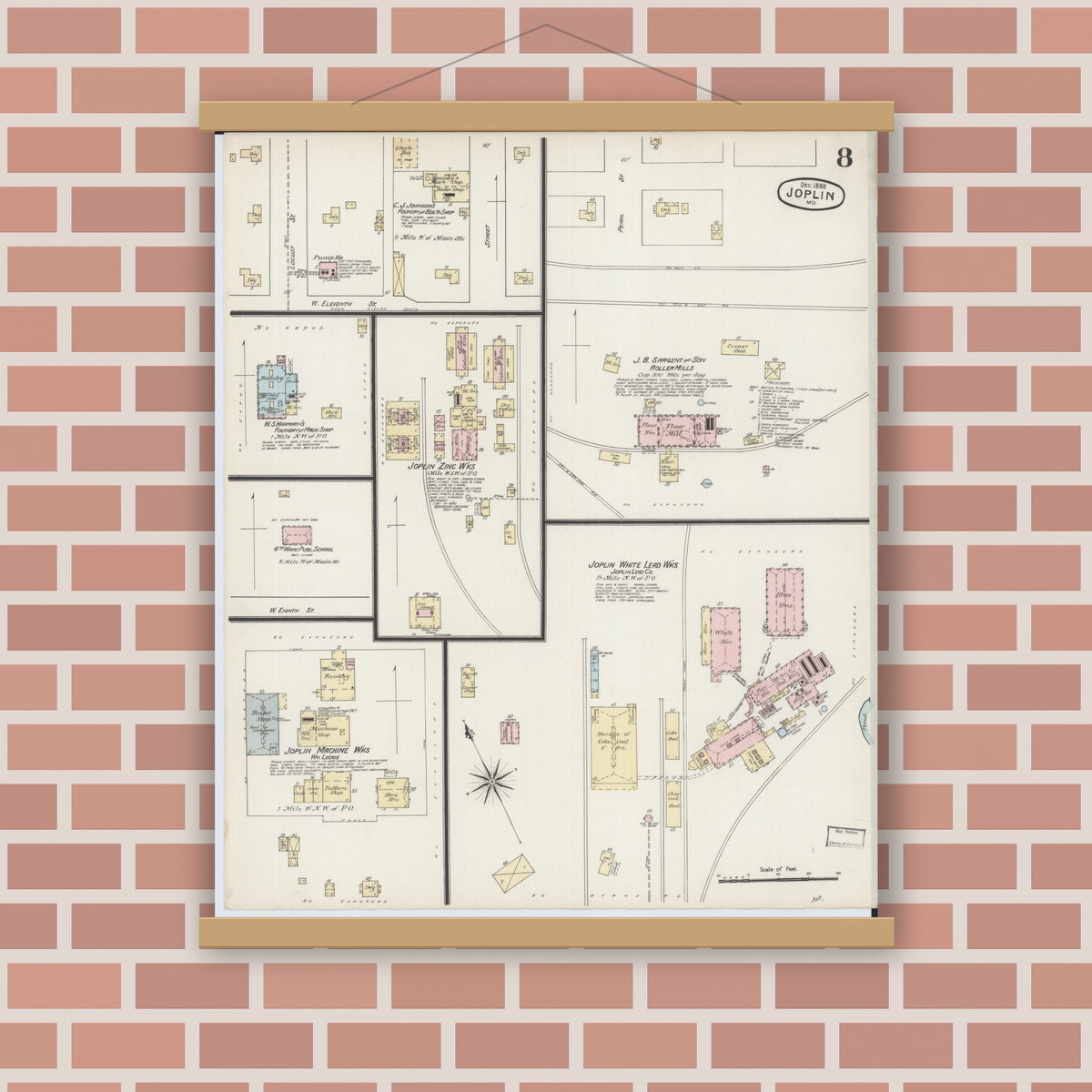 Old map wall art mockup — magnetic wood frame on brick wall — Sanborn Fire Insurance Map from Joplin, Jasper County, Missouri (1888), Sheet #0008