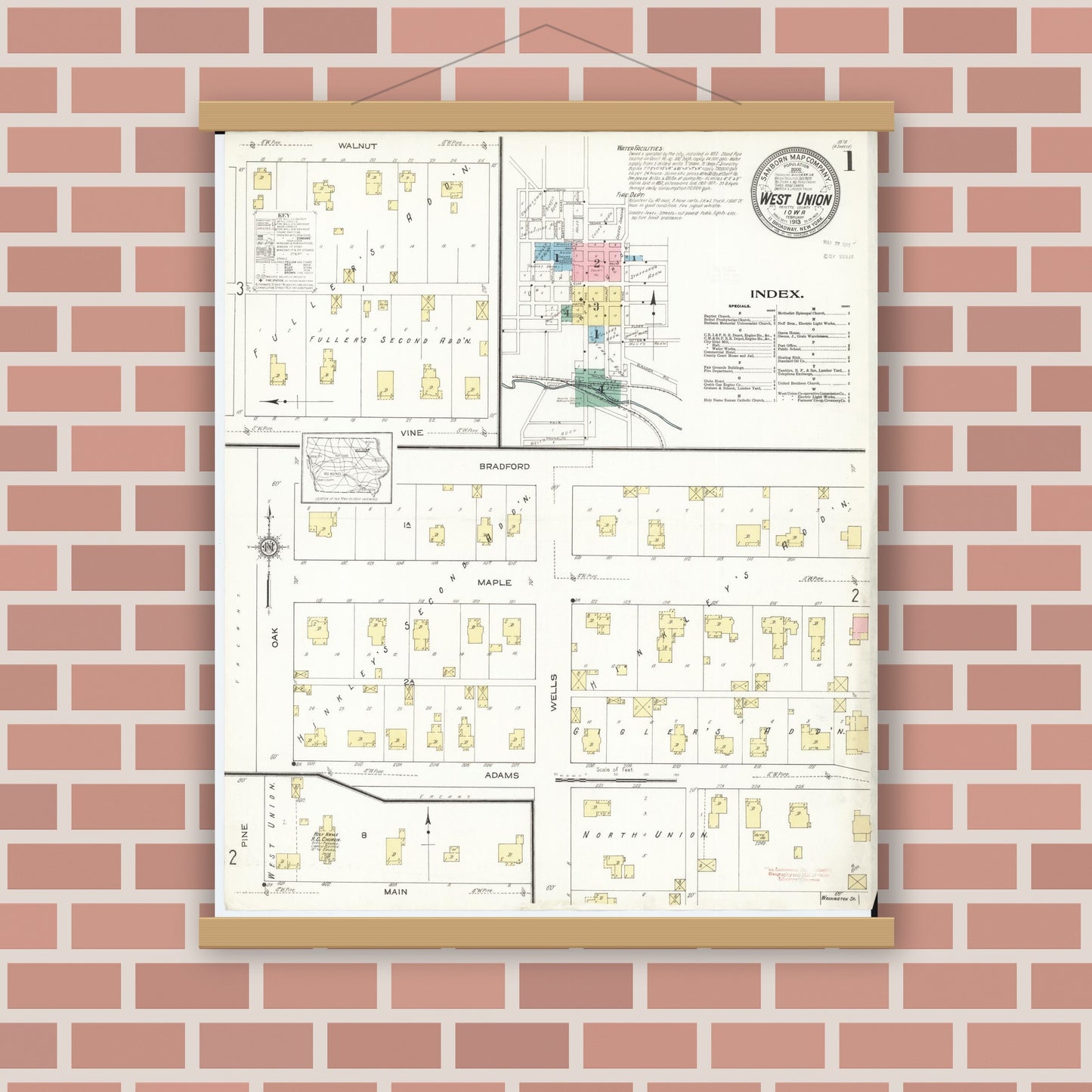Old map wall art mockup — magnetic wood frame on brick wall — Sanborn Fire Insurance Map from West Union, Fayette County, Iowa (1913) â€” Complete Set