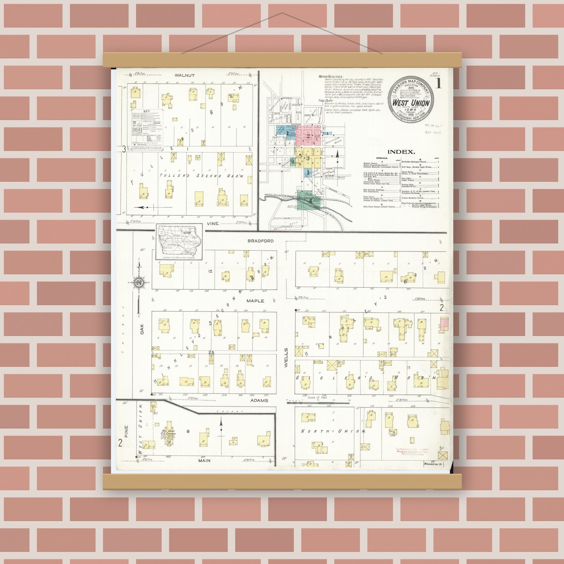 Old map wall art mockup — magnetic wood frame on brick wall — Sanborn Fire Insurance Map from West Union, Fayette County, Iowa (1913) â€” Complete Set