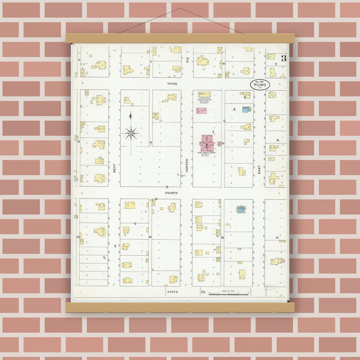 Old map wall art mockup — magnetic wood frame on brick wall — Sanborn Fire Insurance Map from Hume, Edgar County, Illinois (1909), Sheet #0003