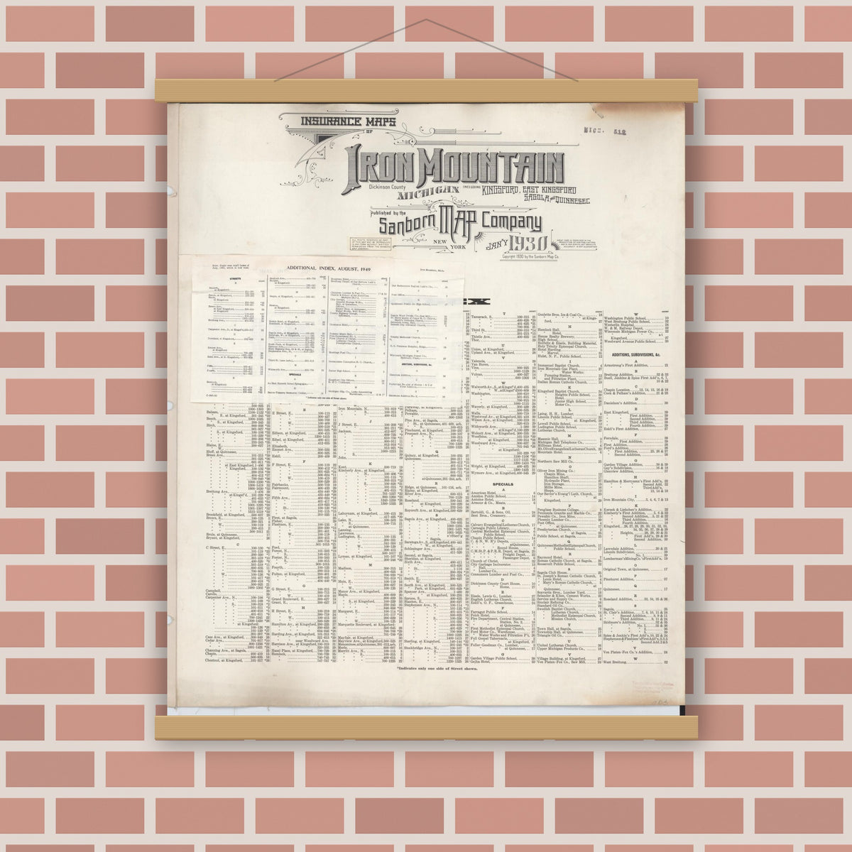Old map wall art mockup — magnetic wood frame on brick wall — Sanborn Fire Insurance Map from Iron Mountain, Dickinson County, Michigan (1949), Sheet #0001