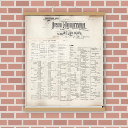 Old map wall art mockup — magnetic wood frame on brick wall — Sanborn Fire Insurance Map from Iron Mountain, Dickinson County, Michigan (1949), Sheet #0001
