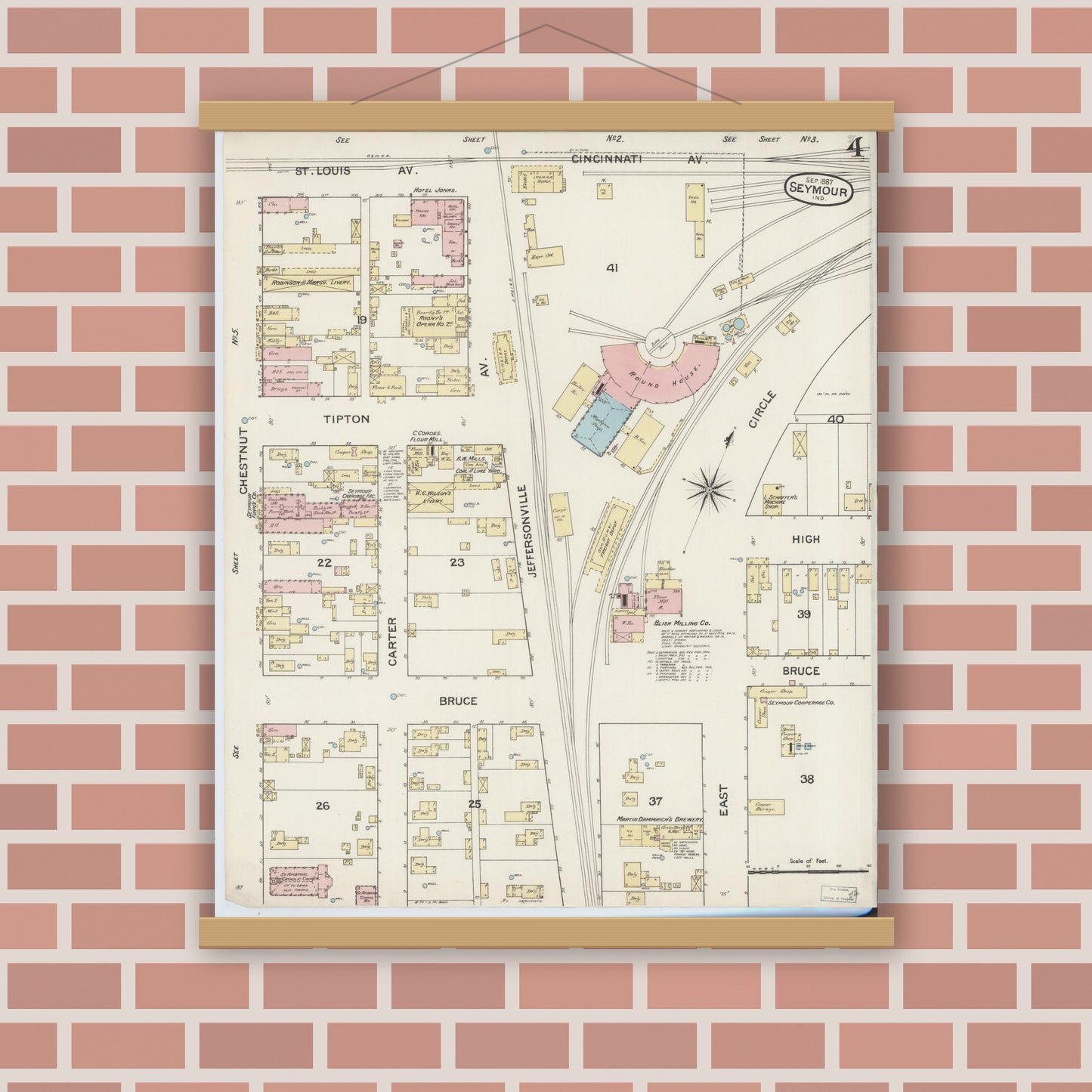 Old map wall art mockup — magnetic wood frame on brick wall — Sanborn Fire Insurance Map from Seymour, Jackson County, Indiana (1887), Sheet #0004