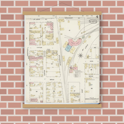 Old map wall art mockup — magnetic wood frame on brick wall — Sanborn Fire Insurance Map from Seymour, Jackson County, Indiana (1887), Sheet #0004