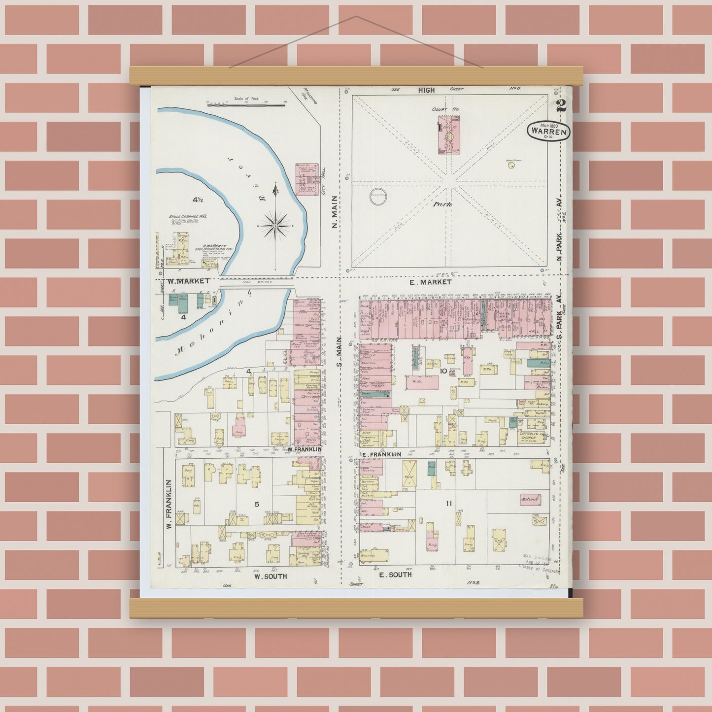 Old map wall art mockup — magnetic wood frame on brick wall — Sanborn Fire Insurance Map from Warren, Trumbull County, Ohio (1889), Sheet #0002