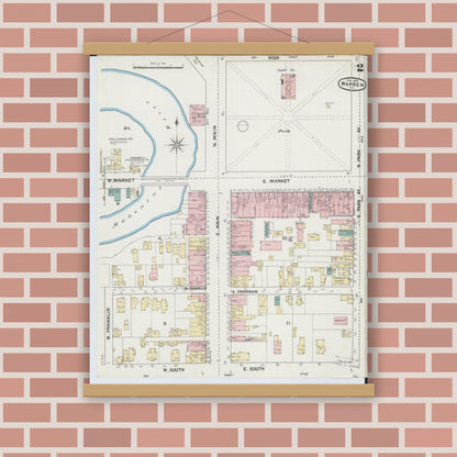 Old map wall art mockup — magnetic wood frame on brick wall — Sanborn Fire Insurance Map from Warren, Trumbull County, Ohio (1889), Sheet #0002