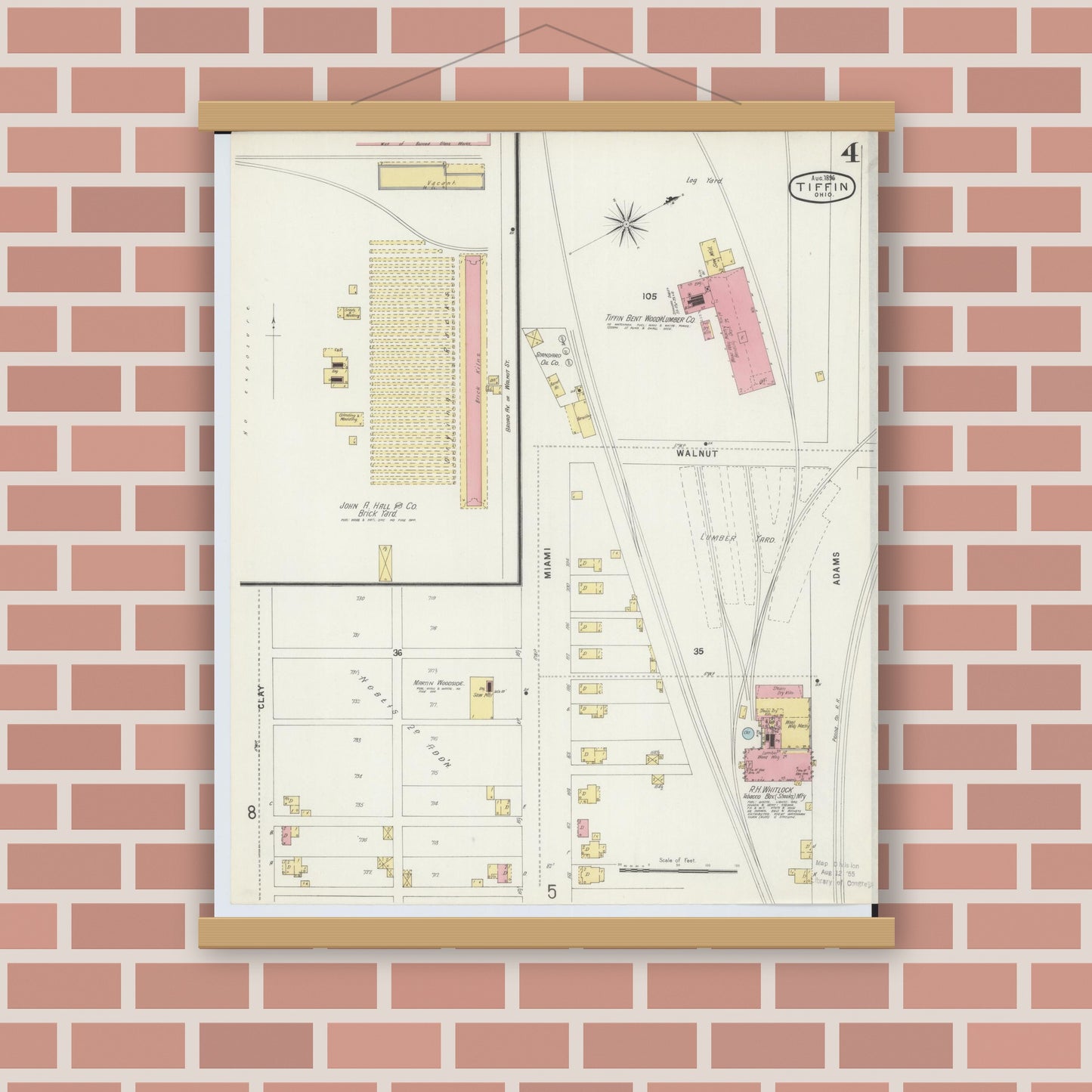 Old map wall art mockup — magnetic wood frame on brick wall — Sanborn Fire Insurance Map from Tiffin, Seneca County, Ohio (1896), Sheet #0004