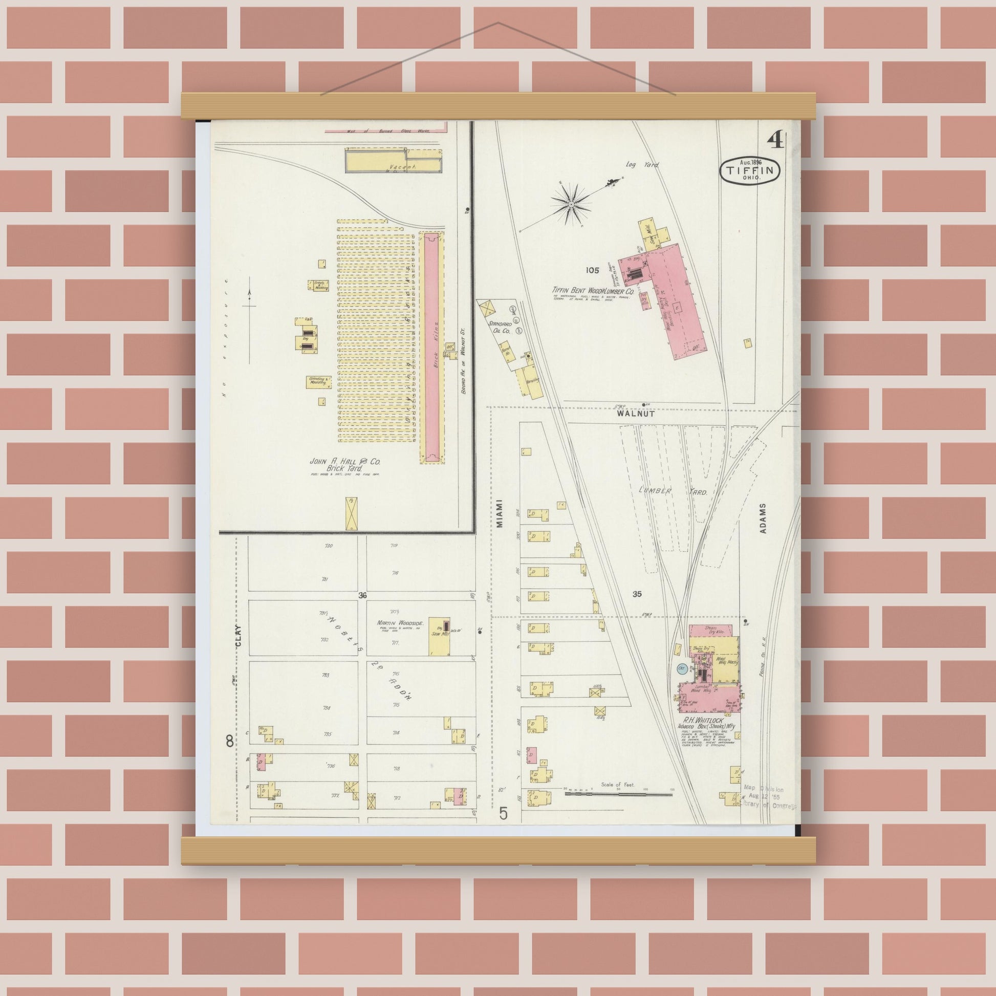 Old map wall art mockup — magnetic wood frame on brick wall — Sanborn Fire Insurance Map from Tiffin, Seneca County, Ohio (1896), Sheet #0004