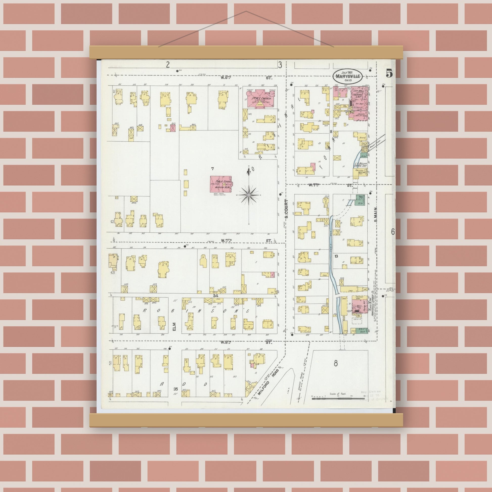 Old map wall art mockup — magnetic wood frame on brick wall — Sanborn Fire Insurance Map from Marysville, Union County, Ohio (1901), Sheet #0005