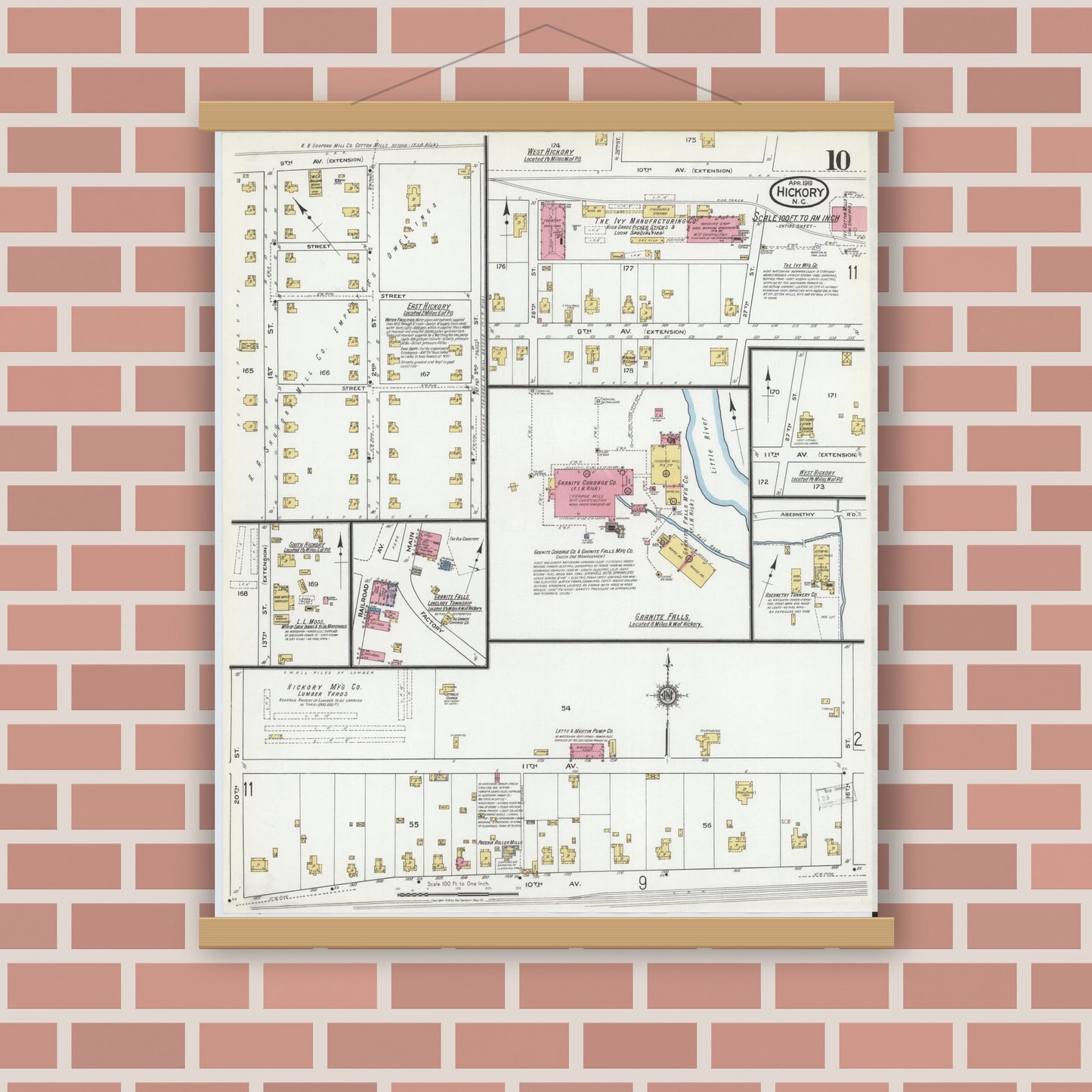 Old map wall art mockup — magnetic wood frame on brick wall — Sanborn Fire Insurance Map from Hickory, Catawba County, North Carolina (1919), Sheet #0010