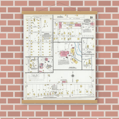 Old map wall art mockup — magnetic wood frame on brick wall — Sanborn Fire Insurance Map from Hickory, Catawba County, North Carolina (1919), Sheet #0010
