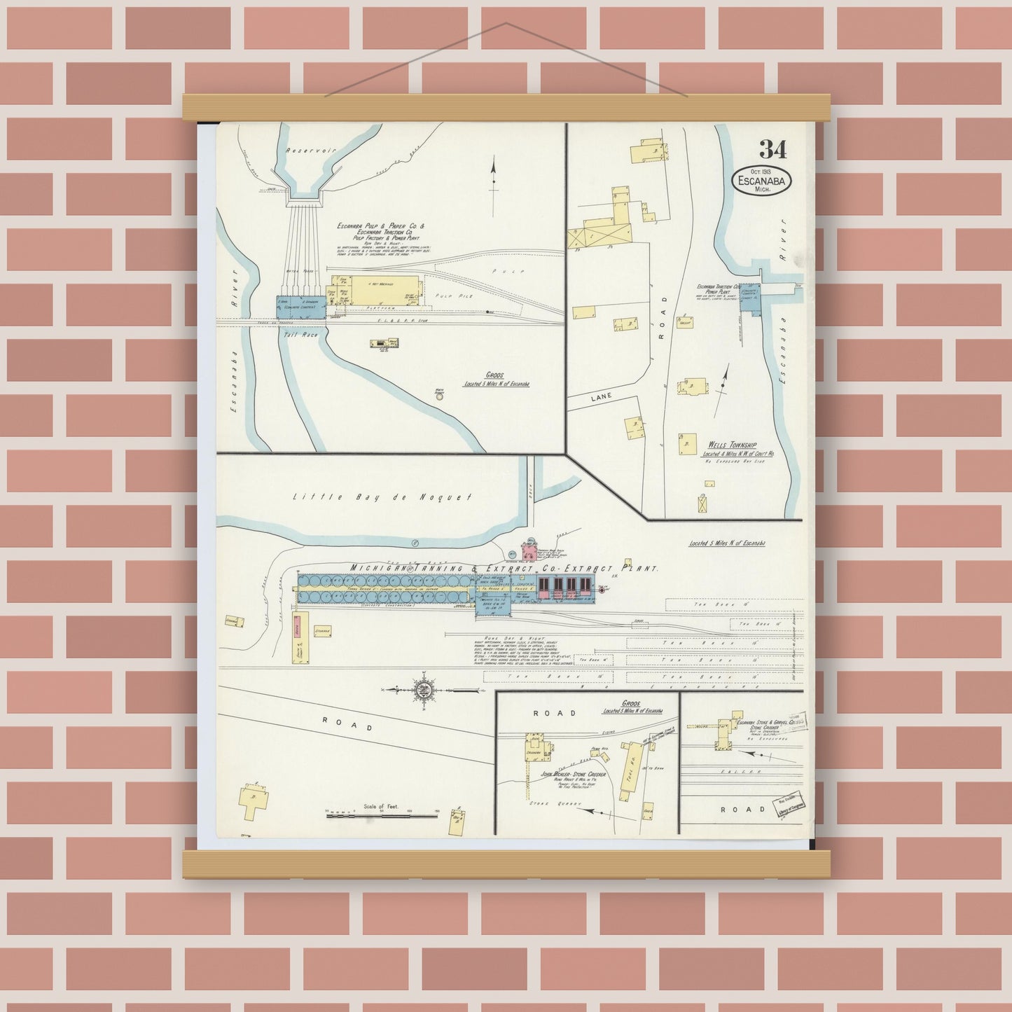 Old map wall art mockup — magnetic wood frame on brick wall — Sanborn Fire Insurance Map from Escanaba, Delta County, Michigan (1913), Sheet #0034