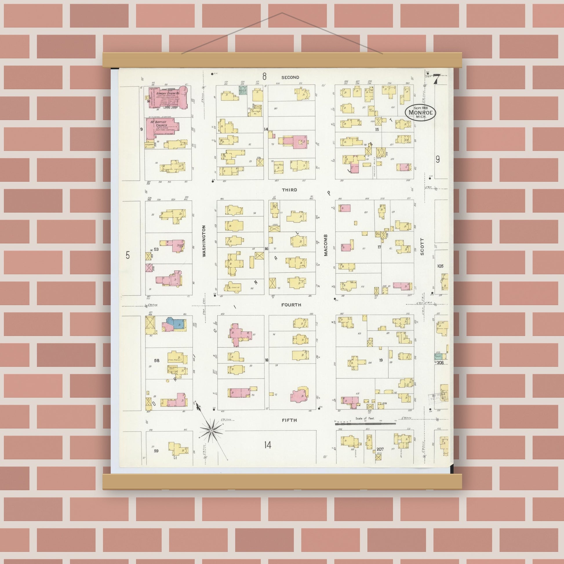 Old map wall art mockup — magnetic wood frame on brick wall — Sanborn Fire Insurance Map from Monroe, Monroe County, Michigan (1908), Sheet #0007