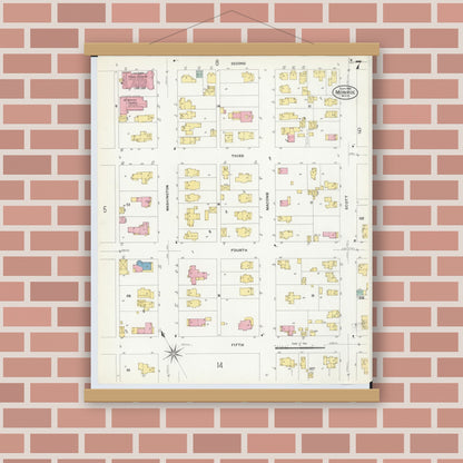 Old map wall art mockup — magnetic wood frame on brick wall — Sanborn Fire Insurance Map from Monroe, Monroe County, Michigan (1908), Sheet #0007
