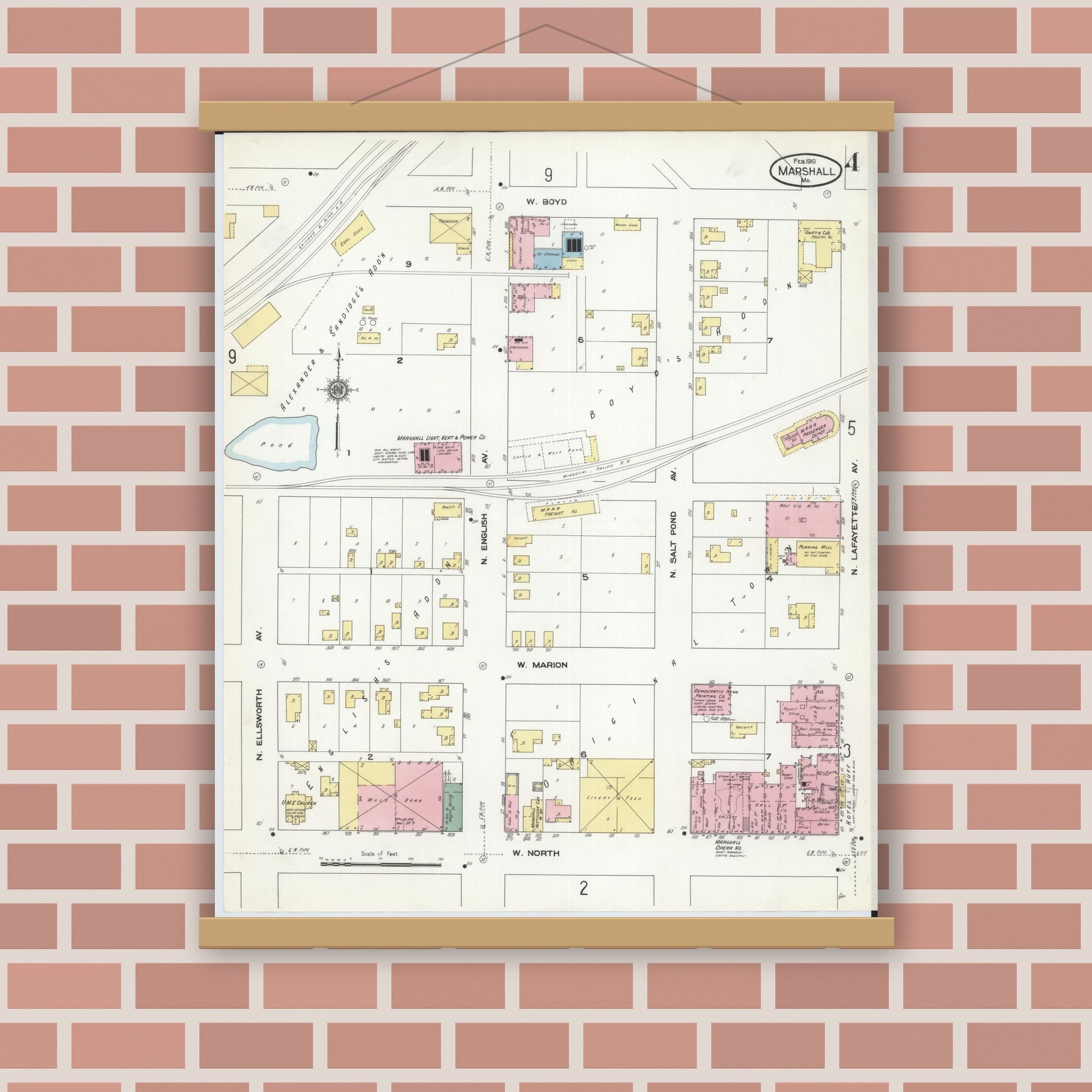Old map wall art mockup — magnetic wood frame on brick wall — Sanborn Fire Insurance Map from Marshall, Saline County, Missouri (1910), Sheet #0004