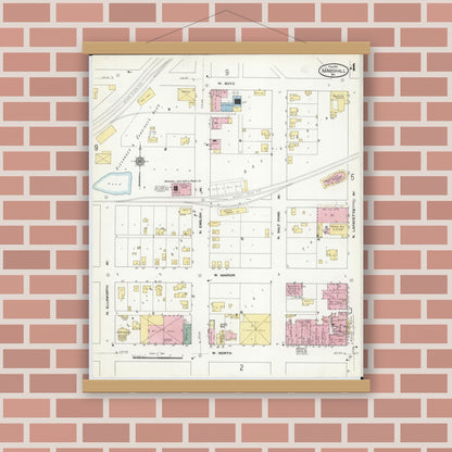 Old map wall art mockup — magnetic wood frame on brick wall — Sanborn Fire Insurance Map from Marshall, Saline County, Missouri (1910), Sheet #0004