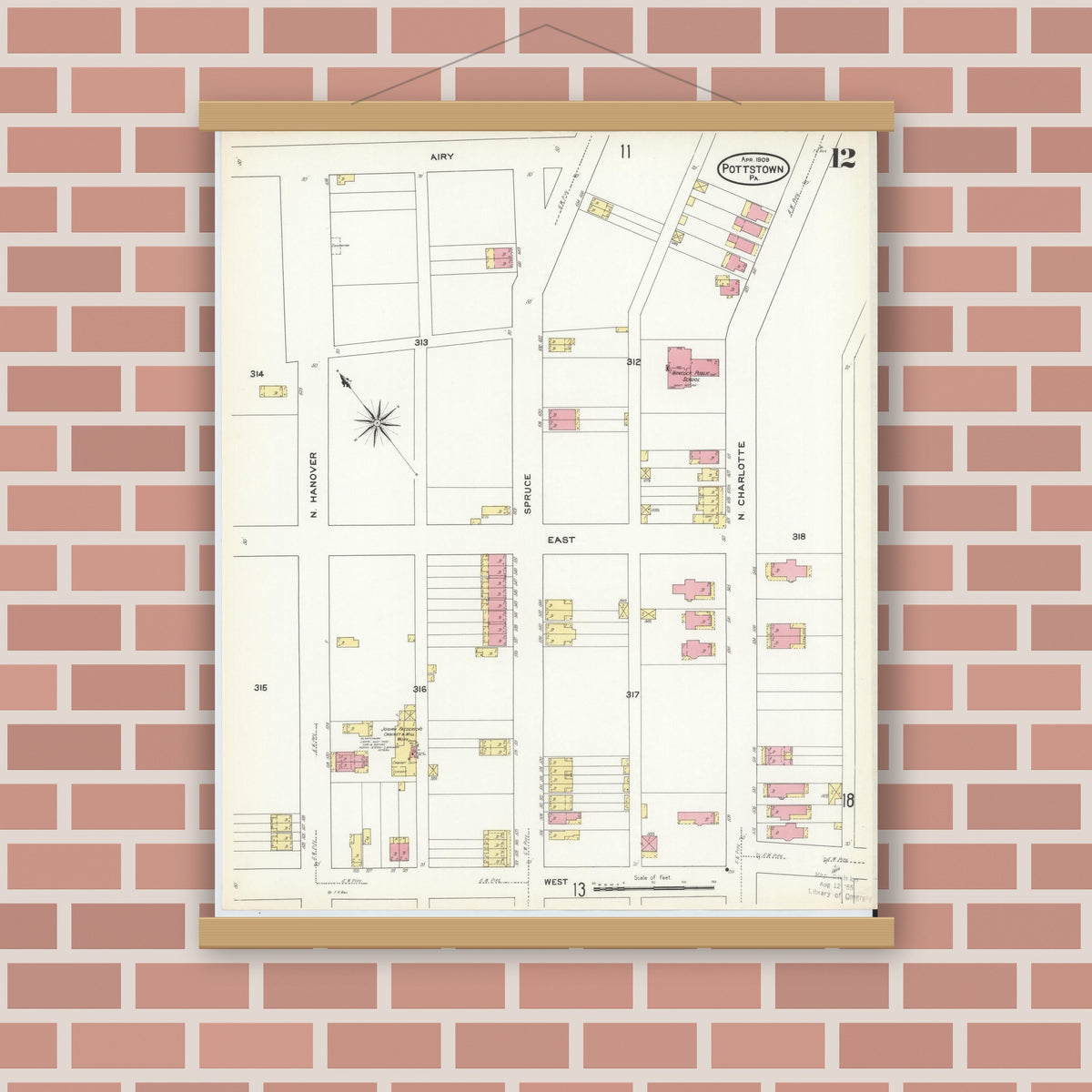 Old map wall art mockup — magnetic wood frame on brick wall — Sanborn Fire Insurance Map from Pottstown, Montgomery County, Pennsylvania (1909), Sheet #0012