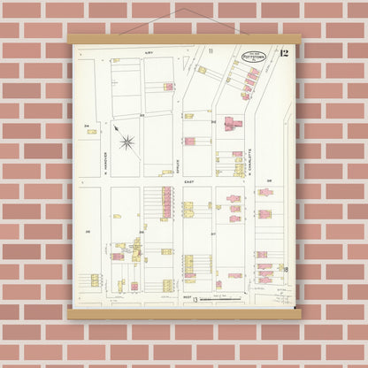 Old map wall art mockup — magnetic wood frame on brick wall — Sanborn Fire Insurance Map from Pottstown, Montgomery County, Pennsylvania (1909), Sheet #0012