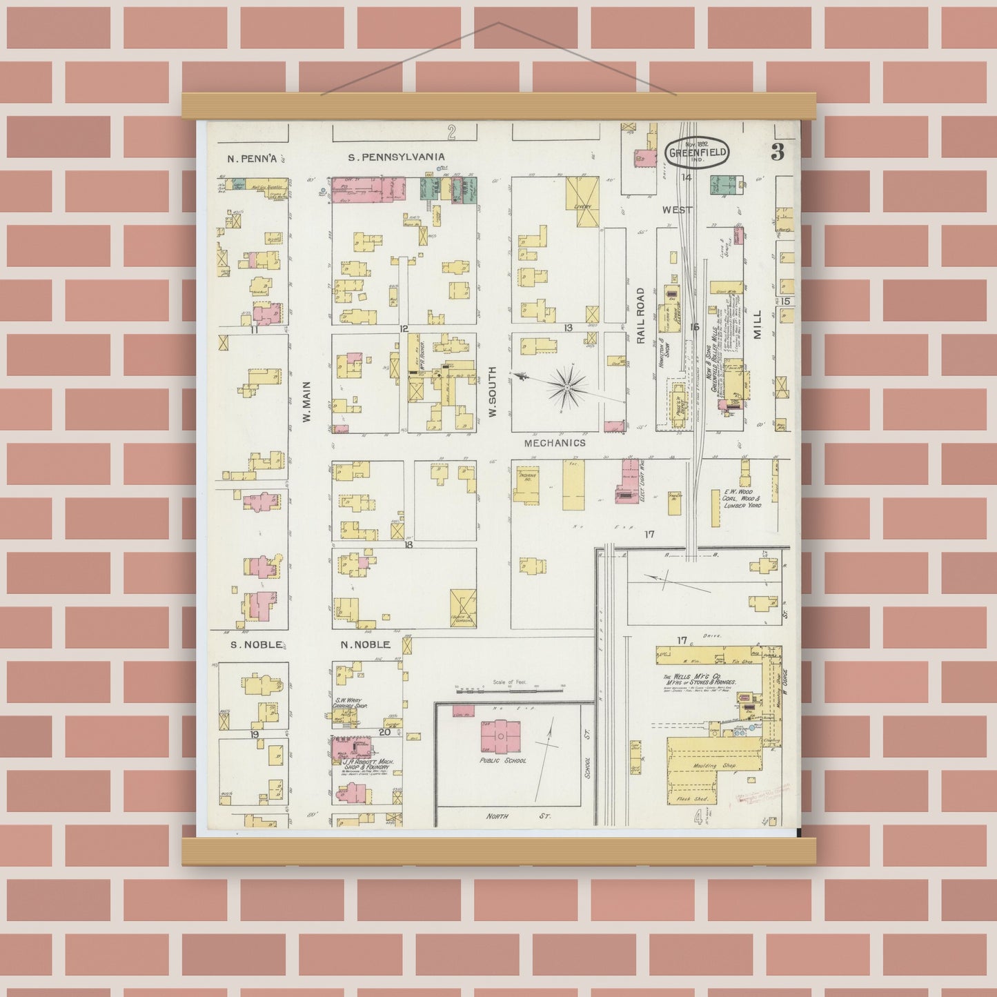 Old map wall art mockup — magnetic wood frame on brick wall — Sanborn Fire Insurance Map from Greenfield, Hancock County, Indiana (1892), Sheet #0003