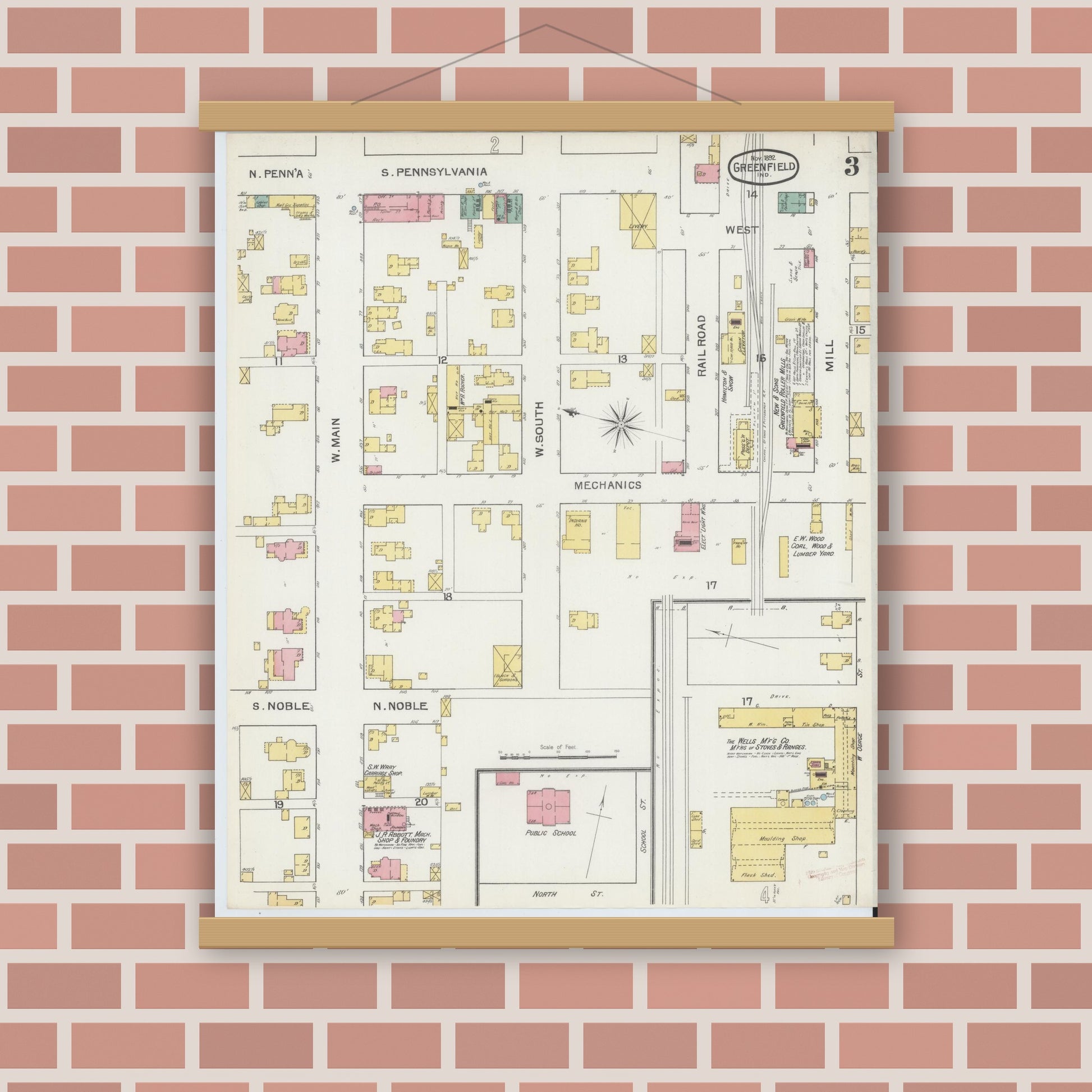 Old map wall art mockup — magnetic wood frame on brick wall — Sanborn Fire Insurance Map from Greenfield, Hancock County, Indiana (1892), Sheet #0003