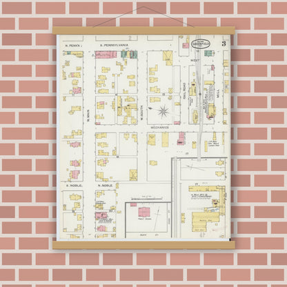 Old map wall art mockup — magnetic wood frame on brick wall — Sanborn Fire Insurance Map from Greenfield, Hancock County, Indiana (1892), Sheet #0003