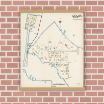 Old map wall art mockup — magnetic wood frame on brick wall — Sanborn Fire Insurance Map from Bradentown, Manatee County, Florida (1922), Sheet #0013