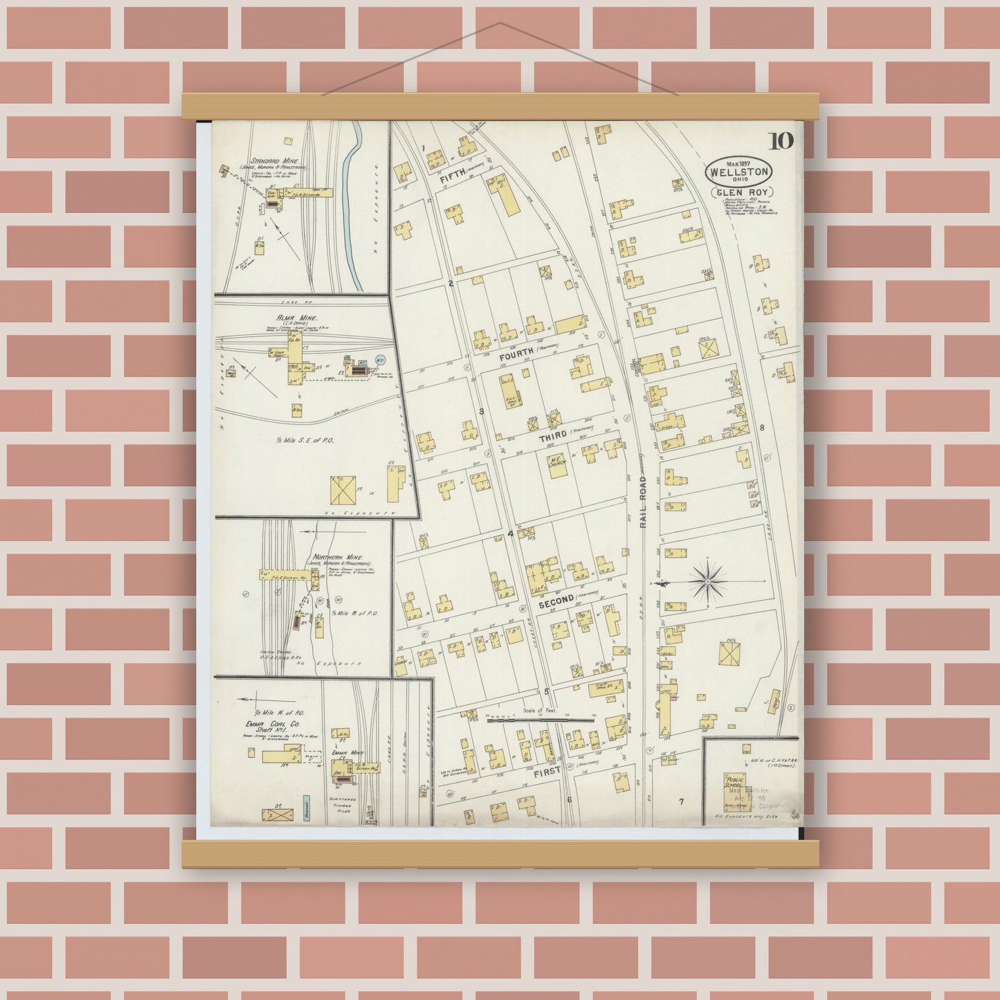 Old map wall art mockup — magnetic wood frame on brick wall — Sanborn Fire Insurance Map from Wellston, Jackson County, Ohio (1897), Sheet #0010