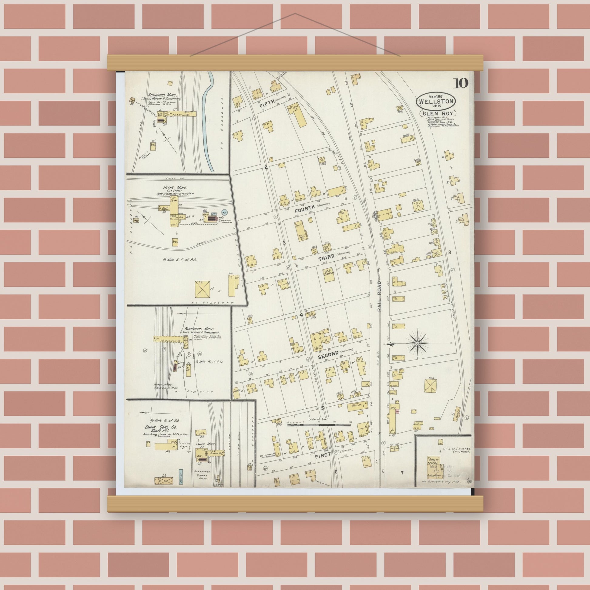 Old map wall art mockup — magnetic wood frame on brick wall — Sanborn Fire Insurance Map from Wellston, Jackson County, Ohio (1897), Sheet #0010