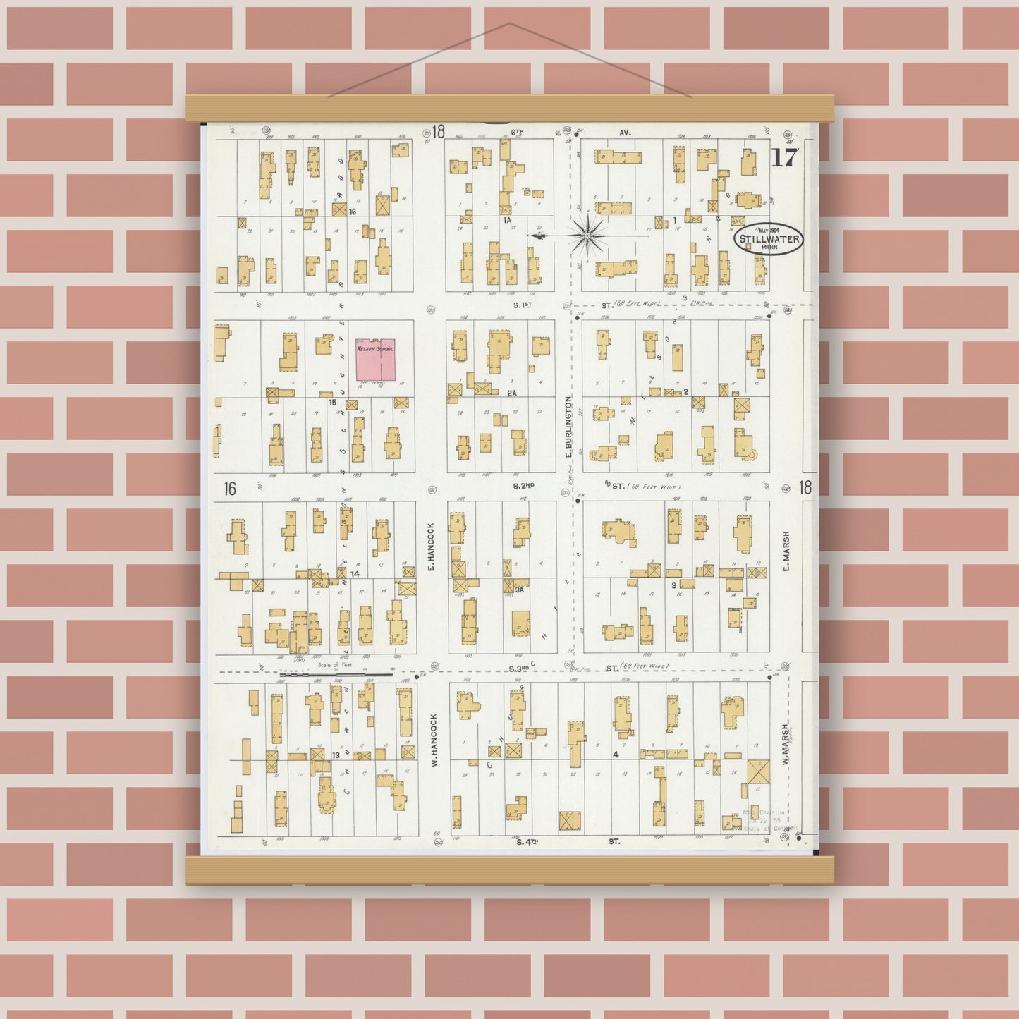 Old map wall art mockup — magnetic wood frame on brick wall — Sanborn Fire Insurance Map from Stillwater, Washington County, Minnesota (1904), Sheet #0017