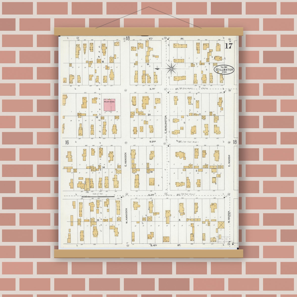 Old map wall art mockup — magnetic wood frame on brick wall — Sanborn Fire Insurance Map from Stillwater, Washington County, Minnesota (1904), Sheet #0017