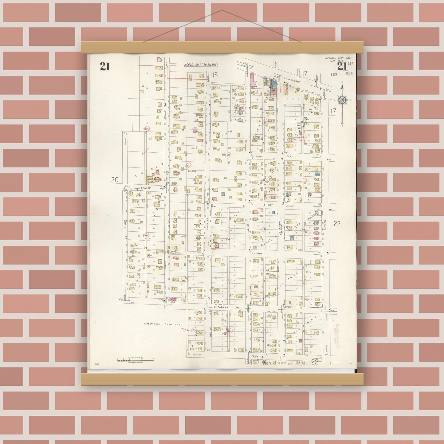 Old map wall art mockup — magnetic wood frame on brick wall — Sanborn Fire Insurance Map from Michigan City, La Porte County, Indiana (1948), Sheet #0021