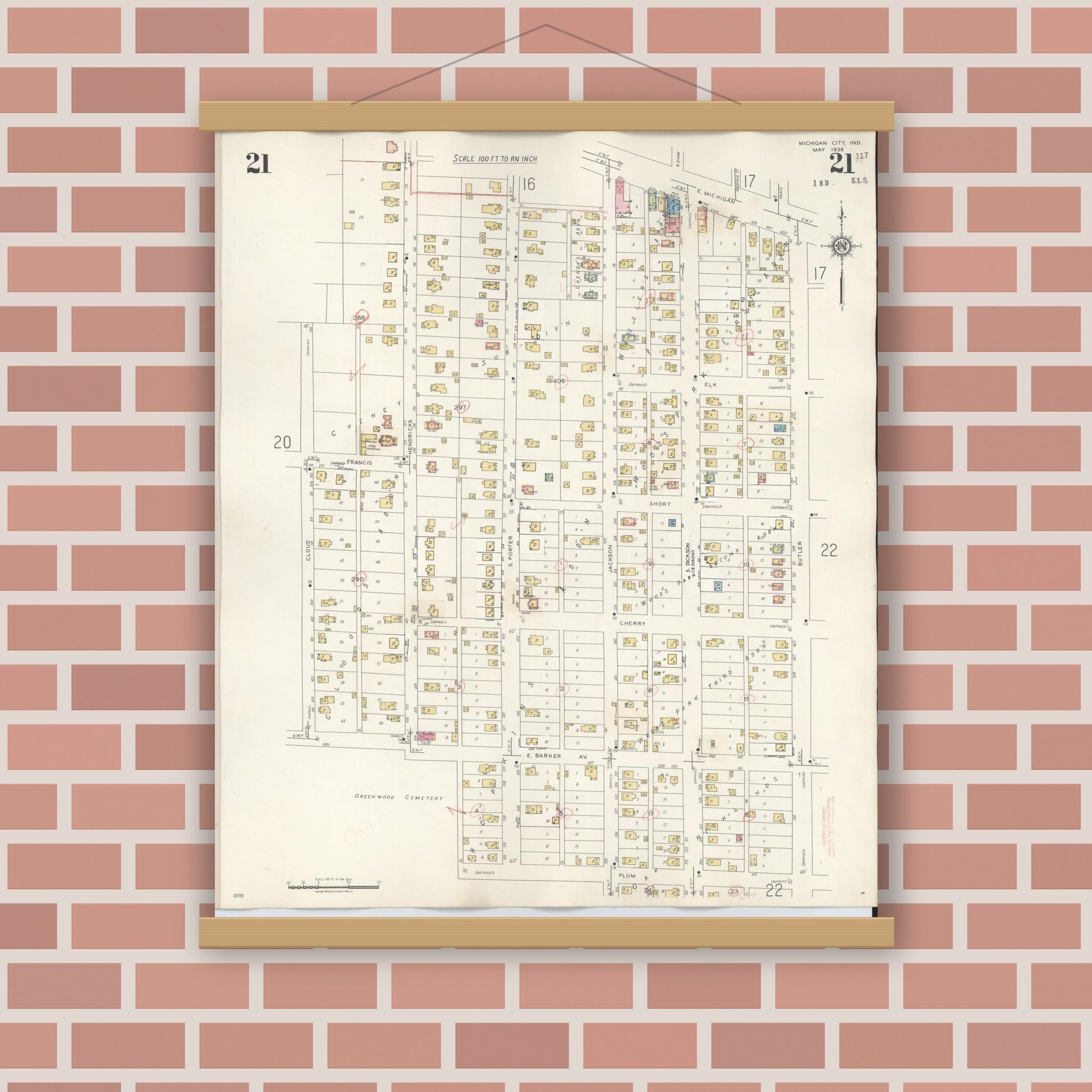 Old map wall art mockup — magnetic wood frame on brick wall — Sanborn Fire Insurance Map from Michigan City, La Porte County, Indiana (1948), Sheet #0021