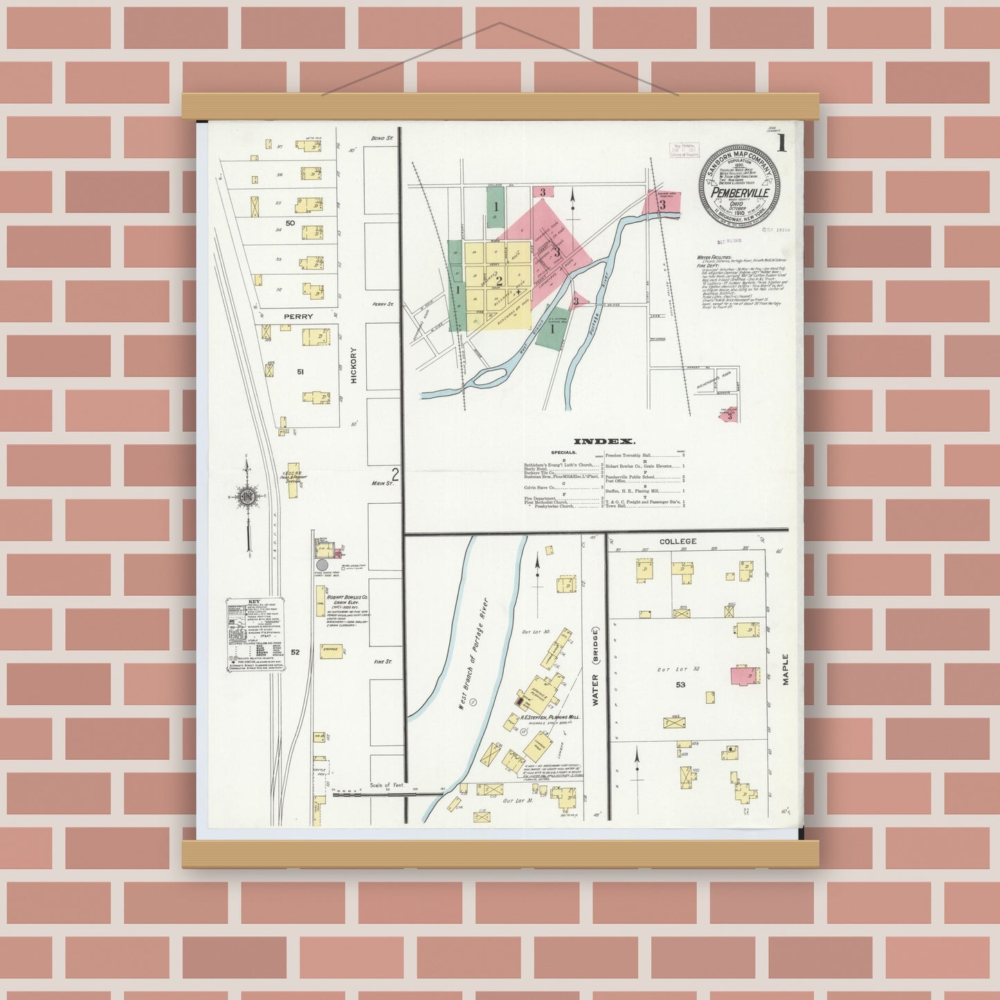 Old map wall art mockup — magnetic wood frame on brick wall — Sanborn Fire Insurance Map from Pemberville, Wood County, Ohio (1910), Sheet #0001