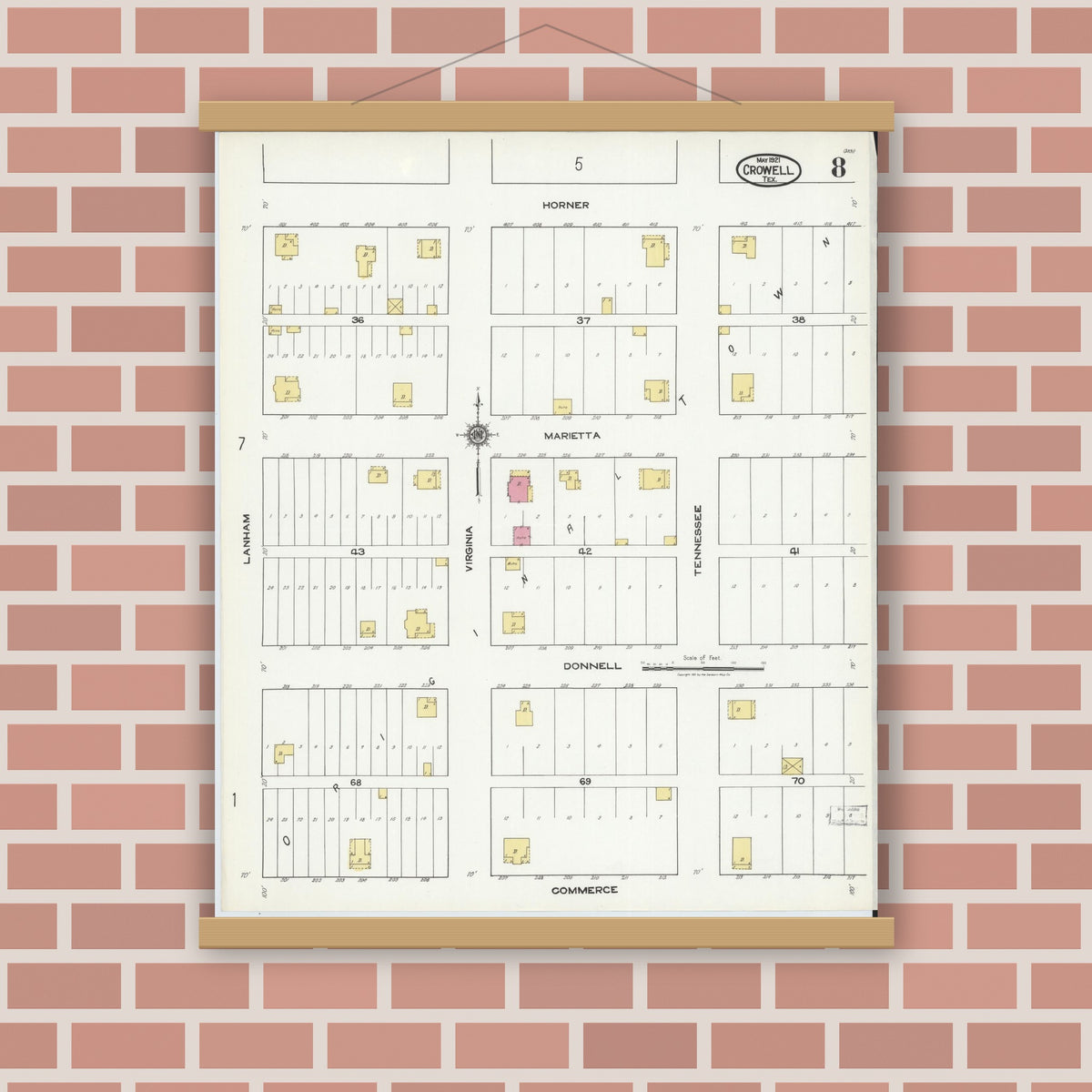 Old map wall art mockup — magnetic wood frame on brick wall — Sanborn Fire Insurance Map from Crowell, Foard County, Texas (1921), Sheet #0008